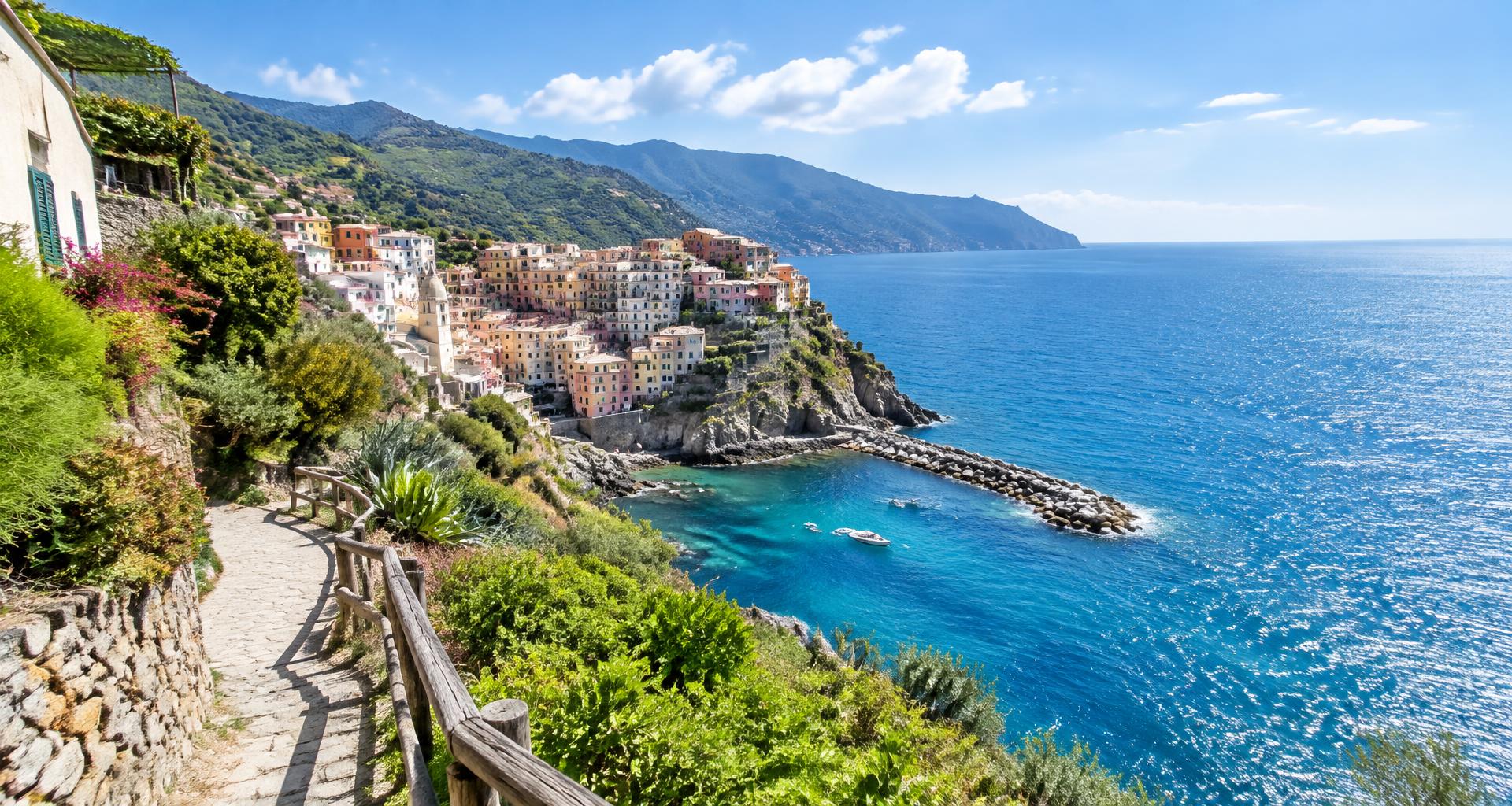 A sunlit coastal village overlooking turquoise Mediterranean water