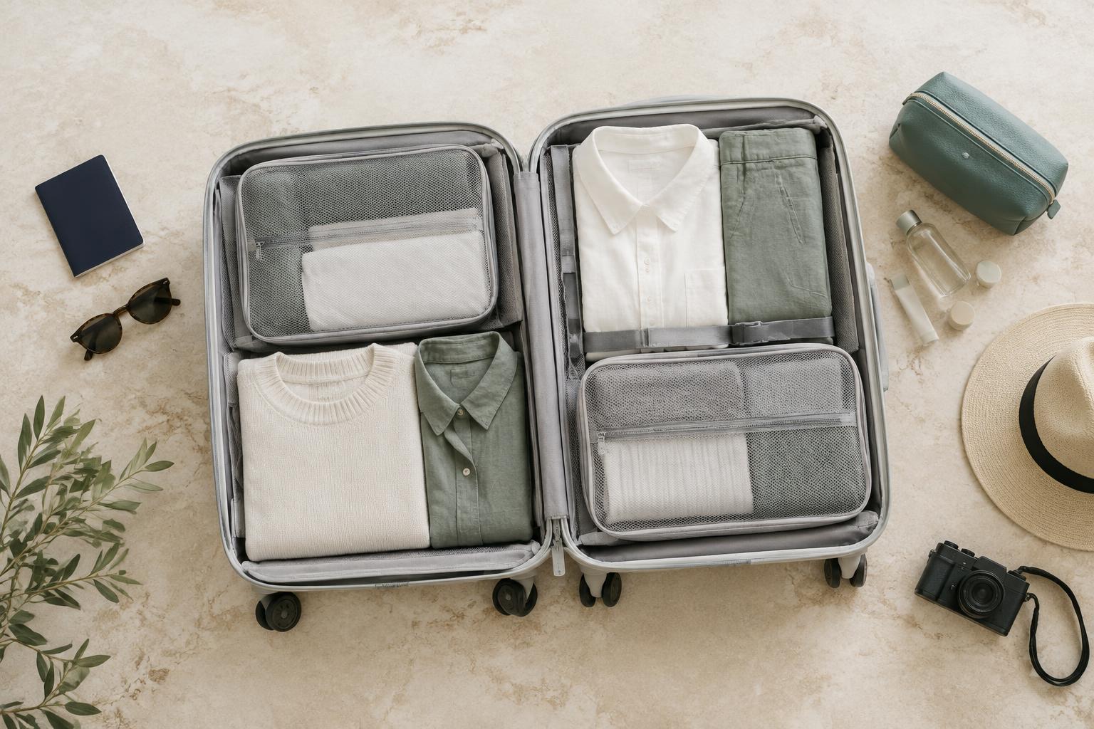 An open suitcase with neatly folded clothes and mesh packing cubes