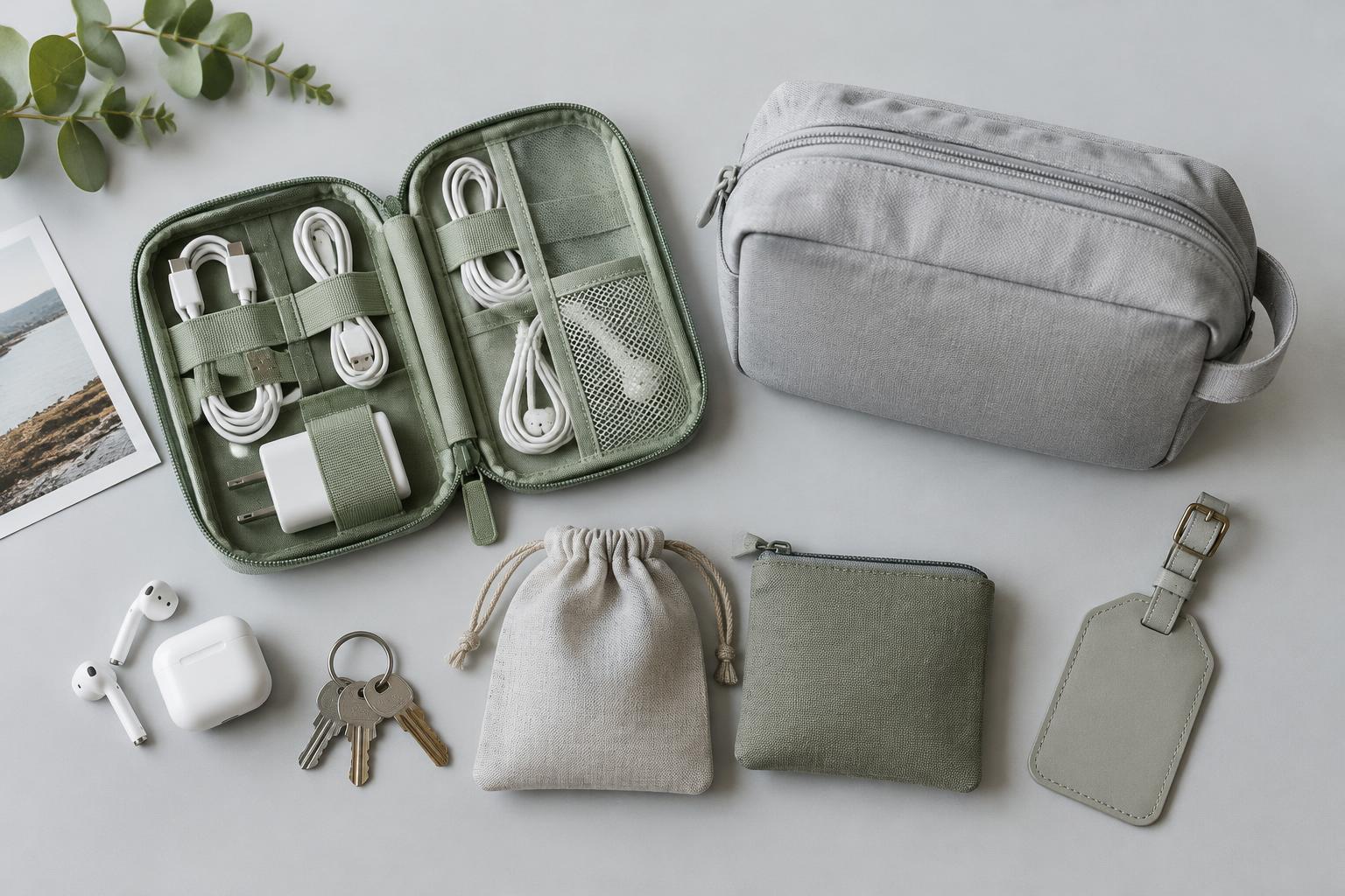 Compact travel pouches, a cable organizer, toiletries and a luggage tag laid out neatly